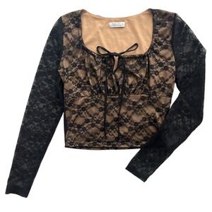 Haley & June Womens M Black Lace Square Neck Tie Bow Long Sleeve Crop Top Grunge